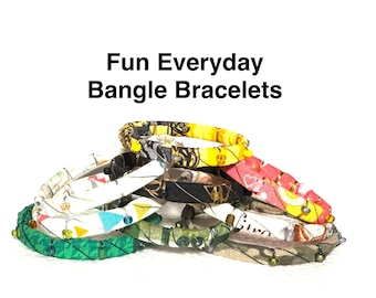 Everyday Pattern Bangle Bracelet, Fabric Slip On Jewelry, Seed Beads/Wire Accents, 3 Sizes