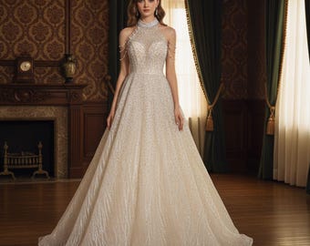 Gorgeous White Tulle Halter-neck Prom Dress,Beaded Prom Dress,Cocktail Ball Gown,Birthday Ball Gown,Fantasy White Gown,Evening Wedding Dress