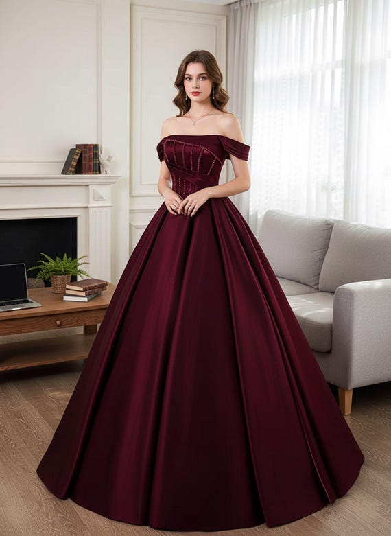 Vintage Burgundy Off Shoulder Prom dress,gift for Her,Birthday Gowns,Wedding dress,fairy Party Evening Cocktail Bridal Burgundy Prom Dress