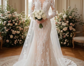 Lujoso vestido de novia de sirena con encaje marfil, escote ilusión de manga larga, espalda abierta y cola capilla, personalizado.
