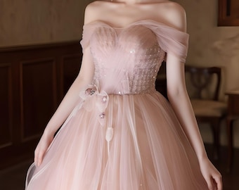 Pink Fairy Off Shouder Tulle Prom Dress,Princess Tulle Dress,Long Women Dresses,Ball Gown for Birthday,Party Evening Dress,Dreamy Pink Dress