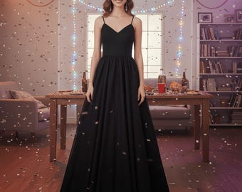 Sexy zwarte bandjes galajurk, trouwjurk, prinsessenjurk, baljurk verjaardag, kerstjurk, maxi-jurk, galajurk evenement, avondfeestjurken