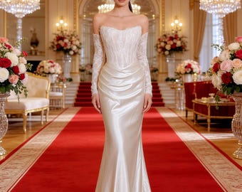 Glamuroso vestido de novia sirena de encaje y satén con hombros descubiertos en color marfil, elegante vestido de novia con corpiño de corsé, vestido de novia de encaje, vestido de novia de satén