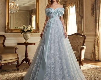 Vestido de fiesta elegante de tul azul con hombros descubiertos, vestido formal de cóctel, vestido de cumpleaños con encaje floral, vestido de fiesta, vestido de baile azul, vestidos formales de noche