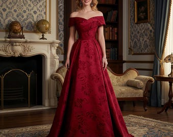 Hermoso vestido de fiesta con estampado floral rojo, vestido formal de boda, vestido de despedida de soltera, regalo para novia, vestidos de baile con hombros descubiertos, vestido largo formal para mujeres maduras.