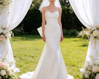Vestido de novia clásico de sirena sin tirantes con lazo en la espalda, elegante vestido de novia de satén, vestido de novia blanco.