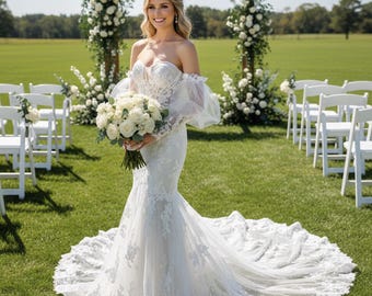 Impresionante vestido de novia blanco de corte sirena con escote corazón y hombros descubiertos, elegante vestido de novia, vestido de novia, vestido de novia de encaje, vestido de novia personalizado