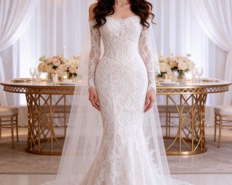 Ivoorkleurige kant zeemeermin trouwjurk, elegante bruidsjurk met lange mouwen, op maat gemaakte bruidsjurken