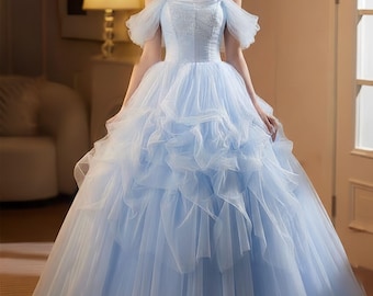 Princess Sky Blue Tulle Prom Dress,Fairy Dresses,Party Dress,Birthday Ball Gown,Girls Graduation Long Dress,Puffy Tulle Dress,Gifts  For Her