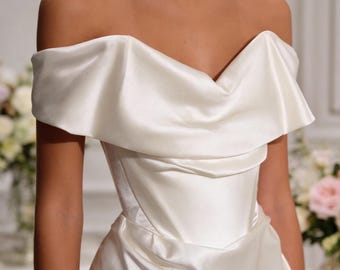 Ivory White Satin Wedding Dress, Off the Shoulder Bridal Gown, Elegant Draped Neckline Dress, Classic Fit and Flare Wedding Dress Custom
