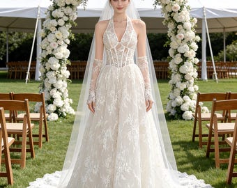 High Quality Halter Neck A-Line Lace Wedding Dress,Boho Lace Bridal Gown,Corset Bridal Dress,Long Wedding Dress,Lvory Wedding Dress,Dress