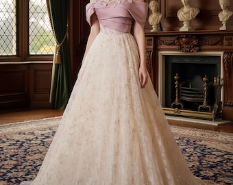 Fairy Pink Flower Lace Off Shouder Prom Dress,Princess Tulle Dress,Dreamy Long Dress,Evening Party Dress,Ball Gowns for Birthday Quinceanera