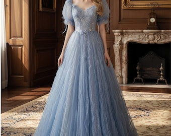 Vestido de fiesta de tul con escote en V azul brillante, vestido formal de noche, vestido de fiesta de cumpleaños, vestidos de hombros cortos, vestido de fiesta de graduación, vestido de tul con cuentas