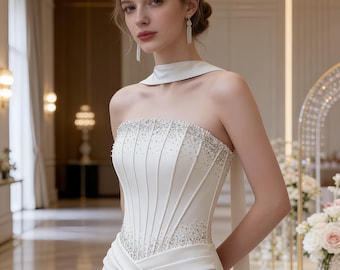 Vestido de novia de satén color marfil de alta calidad, corte trompeta, sin tirantes, con cuello halter y corpiño de corsé con cuentas, estilo sirena.