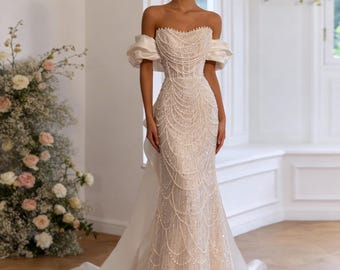 Lujoso vestido de novia color blanco marfil con perlas y escote Bardot, vestido largo de corte sirena con gran lazo, vestido de novia ajustado, regalo para la novia