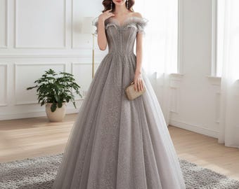 Fairy Gray Tulle Sequins Long Prom Dress,A-Line Off the Shoulder Evening Dress,Long Dress,Birthday Gown,Princess Dress,Evening Prom Dress