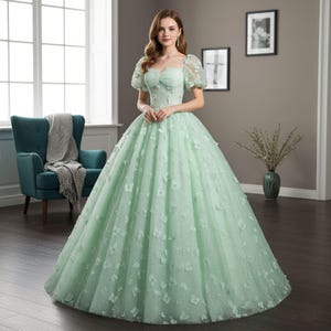 strapless open back dress Light Green Tulle Prom Dresses with Pink Flowers Floral Evening Dress –  Viniodress main image 1