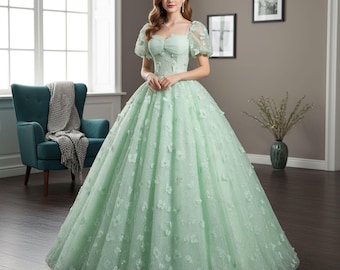 green fairy prom dress Fairy Ball Gown V Neck Sage Green Tiered Tulle Prom Dress Sweet 16 Dresses  AB24121209 – Anniebride