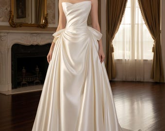 Elegant White Tube Wedding Long Prom Dress,Satin Dress,Gift for Bride,Wedding Formal Dress,Bridal Shower Dresses,Birthday Party Evening Gown