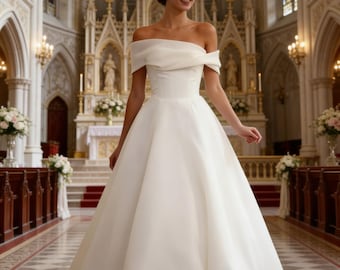 Classic Ivory Satin Off The Shoulder Wedding Dress,Minimalist Elegant Long Voluminous Bridal Gown, Dramatic Tiered Ball Gown,Gift for Bride