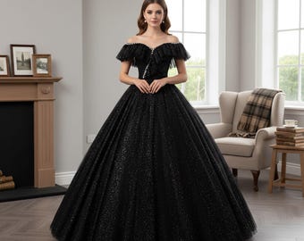 Black Sparkling Sequins Tulle Prom Dress,Off Shoulder Dress,Birthday Gown,Princess Dress,Evening Prom Dress,Christmas Dress,Black Ball Gowns