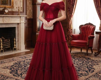 Precioso vestido de novia de tul rojo, vestido para fiesta nupcial, vestido de boda, vestido largo de gala, vestido de cumpleaños, vestido con corsé, vestidos de novia
