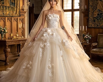 3D Floral Champagne Wedding Dress, Strapless Tiered Tulle Ball Gown, Fairy Tale Bridal Gown with Roses, Corset Back Sparkle Wedding Dress
