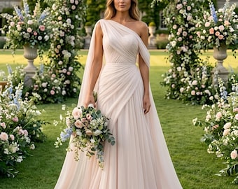 Elegant Grecian Goddess Wedding Dress with Shoulder Cape, One Shoulder Chiffon Bridal Gown, Ethereal A-Line Garden Wedding Dress, Gift