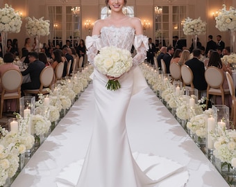 Lujoso vestido de novia de sirena con encaje blanco y satén, vestido de novia con corsé y hombros descubiertos, vestido de novia de sirena, vestido de fiesta para novia, vestido de novia.