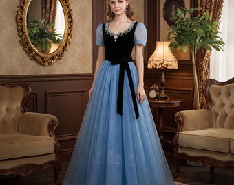 Elegant Blue Bow Tulle Prom Dress,Quinceanera Dress,Formal Prom Dress,Birthday Ball Gowns,Pink Prom Dress,Short Shouder Dress,Beaded Dresses