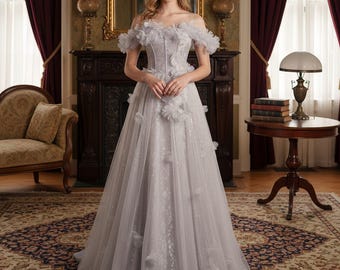 Light Grey Fairy Prom Dress,floral Tulle Gown,romantic Lace Applique Gown, wedding Guest Dress,formal Party Wear,off Shoulder Evening Dresses - Etsy