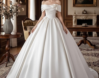 Elegante vestido de novia blanco con hombros descubiertos, vestido de flores blancas, vestido de satén abullonado, vestido formal de corte A, vestido de cumpleaños, regalo para novia.