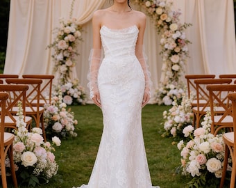 Exquisito vestido de novia de corte trompeta con encaje floral blanco, vestido con hombros descubiertos, vestido de novia con escote corazón, vestido de novia, vestido de novia estilo sirena.