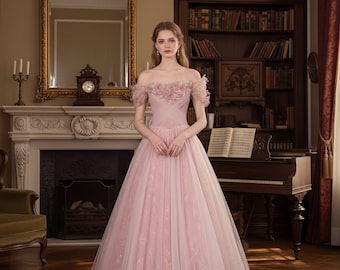 Fantasy Pink Flower Off Shouder Tulle Prom Dress,Princess Fairy Dress,Ball Gowns for Birthday,Party Evening Dress,Dreamy Lace Applique Dress