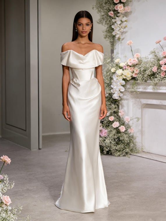 white satin fit and flare dress Azazie Caity