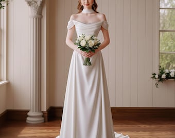 Vestido de novia largo color marfil de alta calidad con hombros descubiertos, clásico corte A con detalles drapeados, ideal como regalo para novias.