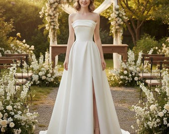 Lujoso vestido de novia de satén sin tirantes color marfil, corte A, ideal para novias, moderno, con abertura, hecho a medida.