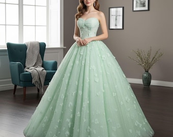 Vestido de fiesta verde estilo princesa con mariposas, vestido de tul, vestido de corte A, vestido de cóctel, vestido de quinceañera, vestido de noche para cumpleaños, regalo para la novia
