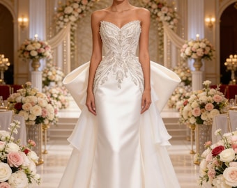 White Satin Mermaid Wedding Dress, Luxury Heavy Beaded Sweetheart Bridal Gown, Detachable Overskirt with Huge Bow, Cathedral Train Dress