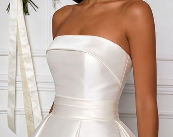 Minimalist Ivory White Satin Off The Shoulder Wedding Dress,Elegant Long Draped Satin Ballgown Dress,Gift for Bride, Princess Corset Dress