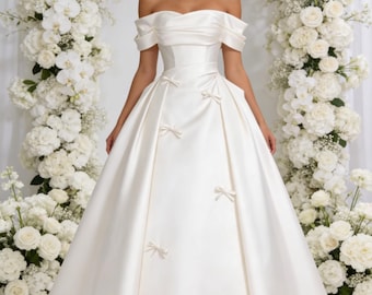 Elegant Ivory Satin Slim-Fit Off-the-Shoulder Wedding Dress with exquisite bows,Bridal Gown,Long  A-Line Bridal Gown,Gift for Bride,Dress