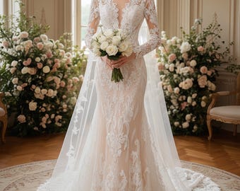 High-quality Ivory V-Neck Lace Wedding Dress,Elegant Long Sleeve Mermaid Wedding Dress,Bridal Gown,Perfect for Romantic & Classic Brides