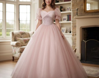 Lovely Pink Puff Sleeve Evening Prom Dress,A-Line Prom Dress,Pink Ball Gowns,Christmas Dress,Wedding Guest Dress,Tulle Dress,Princess Dress