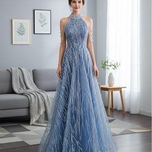 Blue Sequin Halter Dress