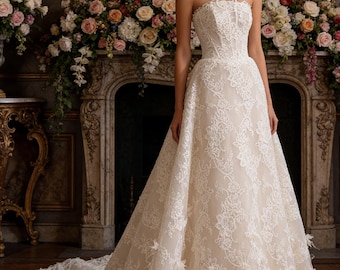 Ivory A-Line Lace Wedding Dress, Strapless Corset Floral Lace Bridal Gown, Romantic Tulle Princess Dress, Classic Fairytale Wedding Dress