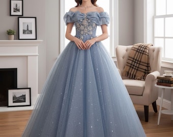 Sweetheart Blue Applique Off Shoulder Long Prom Dress,Quinceanera Dress,Fairy Evening Birthday Wedding Cocktail Party Dress,Formal Ball Gown