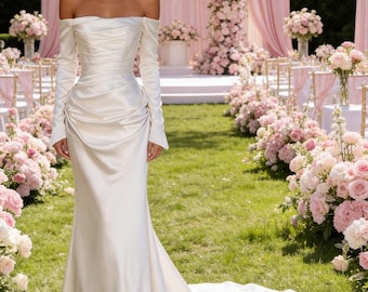 Romantic Lvory White Off the Shoulder Satin Wedding Dress,Long Sleeve A-Line Bridal Gown, Minimalist Bridal Dress,Classic Fit ang Flare Gown