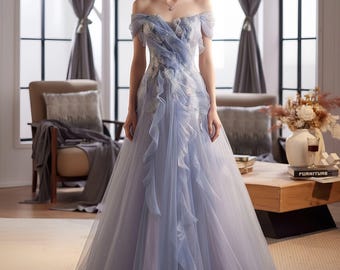 Dreamy Blue Sequins Flower Tulle Prom Dress,Party Birthday Dress,Lace Evening Dress,Formal Long Dress,Cocktail Ball Gown,Quinceanera Dresses