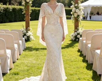 Elegante vestido de novia de sirena con escote en V y encaje color marfil, vestido de novia, vestido de novia con corsé, vestido de novia sirena, vestido de novia, vestido de fiesta de boda, vestido