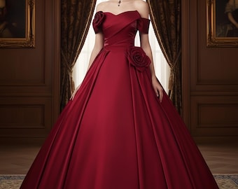 Luxury Red Stain Prom Dress for Wedding,Gift for Bride,Bridesmaid Dress,Red Rose Off-shouder Ball Gown,Formal Long Dress,Bridal Shower Dress